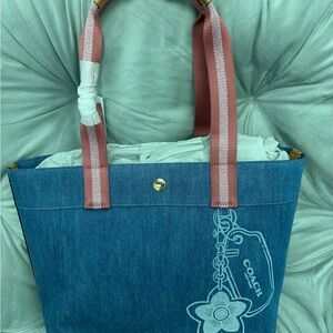 Coach Denim Blue Tote with Pink Straps